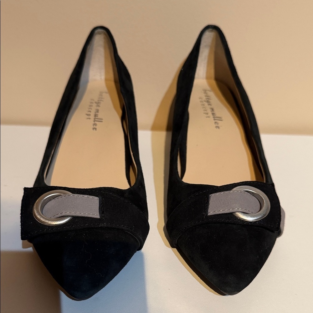 bettye muller Black Suede Pointed Toe Flats with Silver Ring